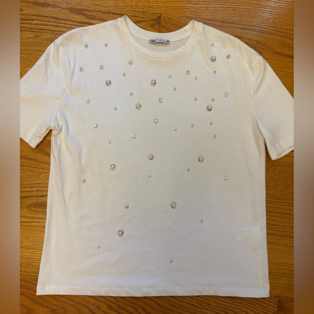 Zara White Tee with Pearl Accents